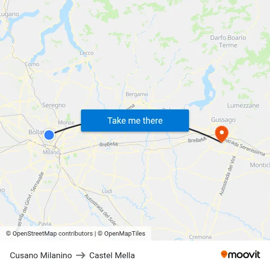 Cusano Milanino to Castel Mella map