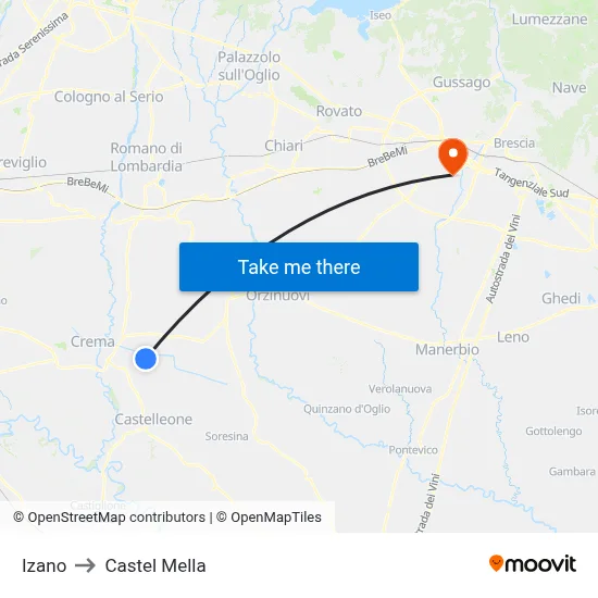 Izano to Castel Mella map