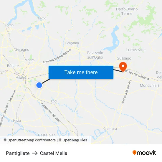 Pantigliate to Castel Mella map