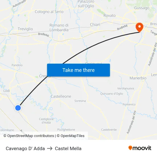 Cavenago D' Adda to Castel Mella map