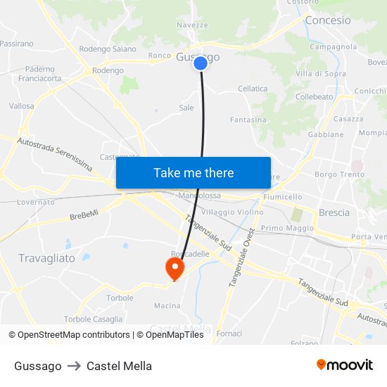 Gussago to Castel Mella map