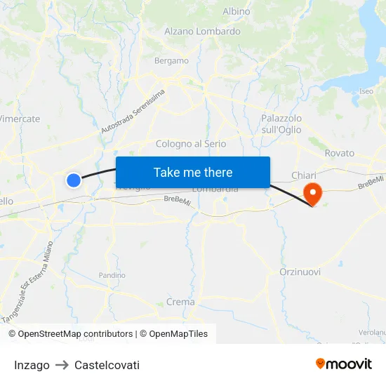 Inzago to Castelcovati map