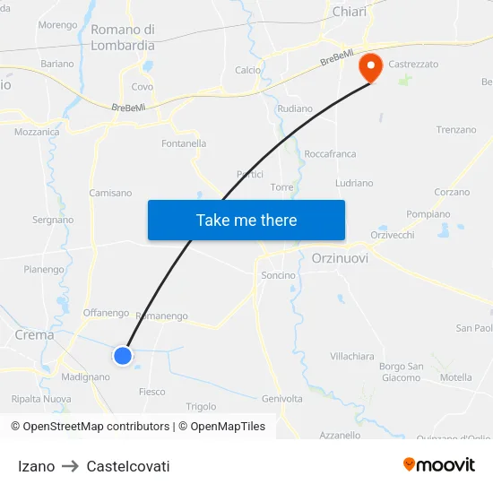 Izano to Castelcovati map