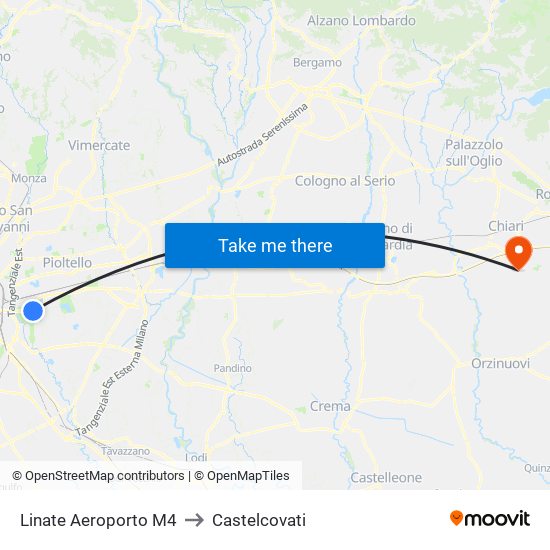 Linate Aeroporto M4 to Castelcovati map