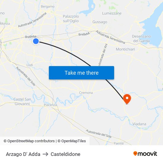 Arzago D' Adda to Casteldidone map