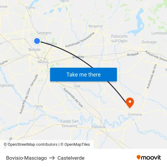 Bovisio-Masciago to Castelverde map