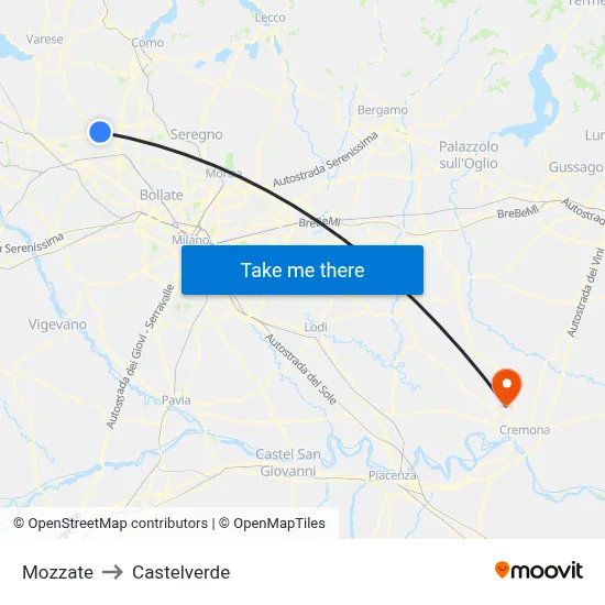Mozzate to Castelverde map