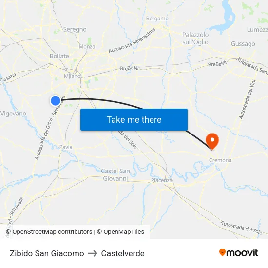 Zibido San Giacomo to Castelverde map