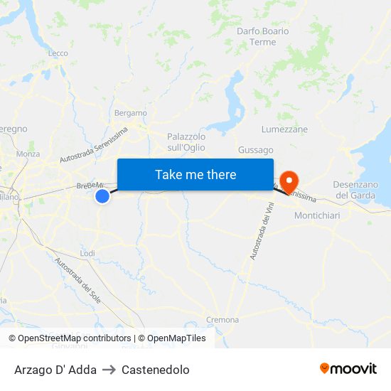 Arzago D' Adda to Castenedolo map
