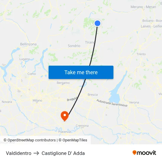 Valdidentro to Castiglione D' Adda map