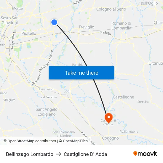 Bellinzago Lombardo to Castiglione D' Adda map