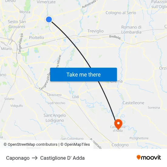 Caponago to Castiglione D' Adda map