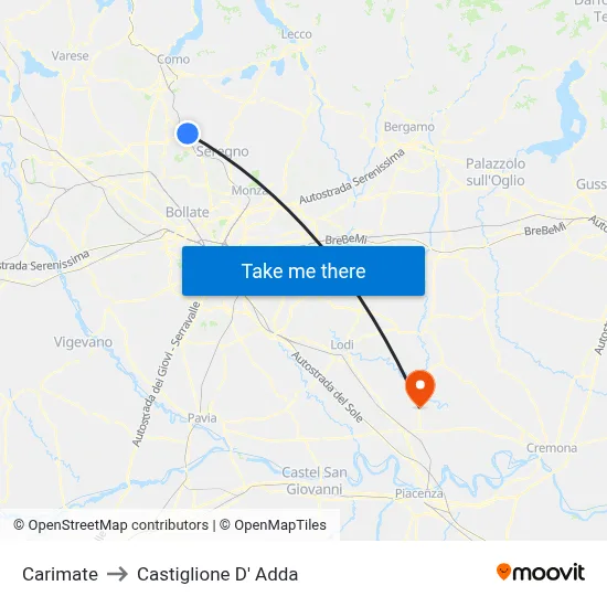 Carimate to Castiglione D' Adda map