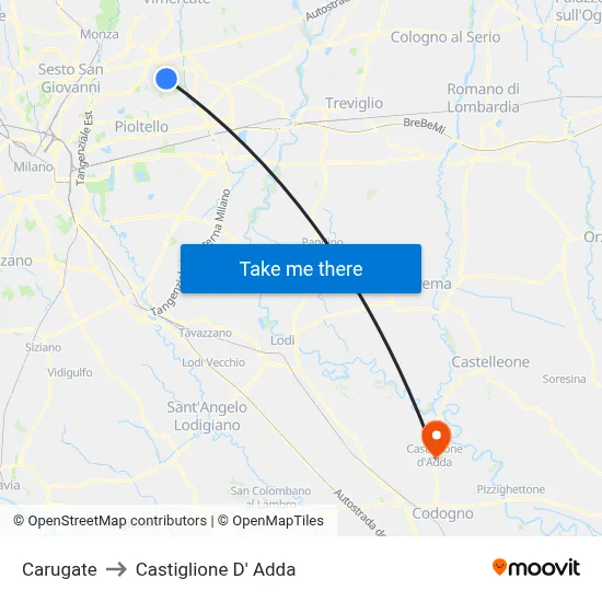 Carugate to Castiglione D' Adda map
