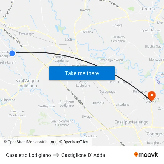 Casaletto Lodigiano to Castiglione D' Adda map