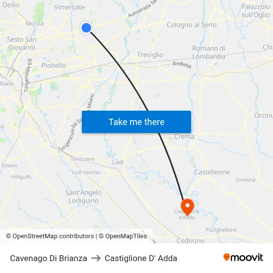 Cavenago di Brianza to Castiglione D' Adda map