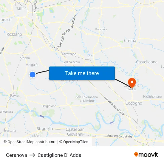 Ceranova to Castiglione D' Adda map