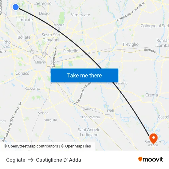 Cogliate to Castiglione D' Adda map
