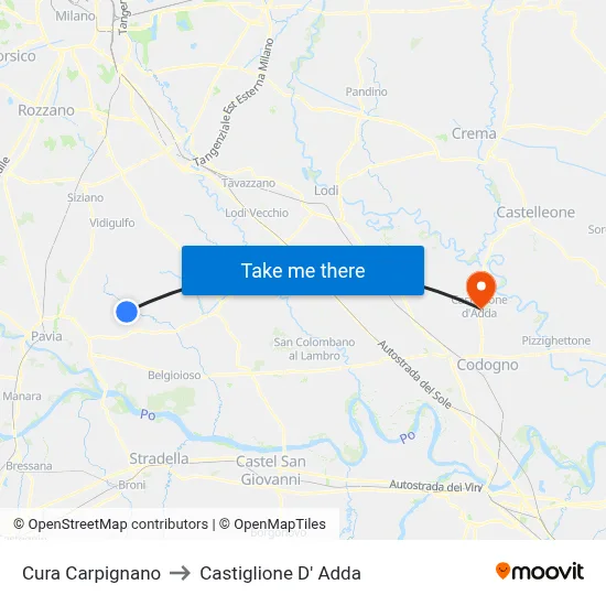 Cura Carpignano to Castiglione D' Adda map