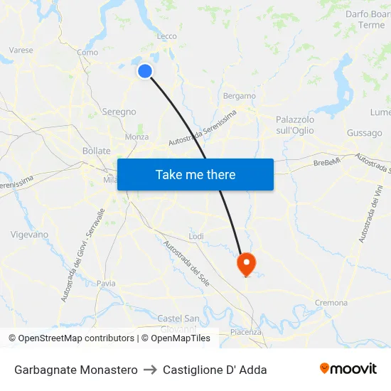 Garbagnate Monastero to Castiglione D' Adda map