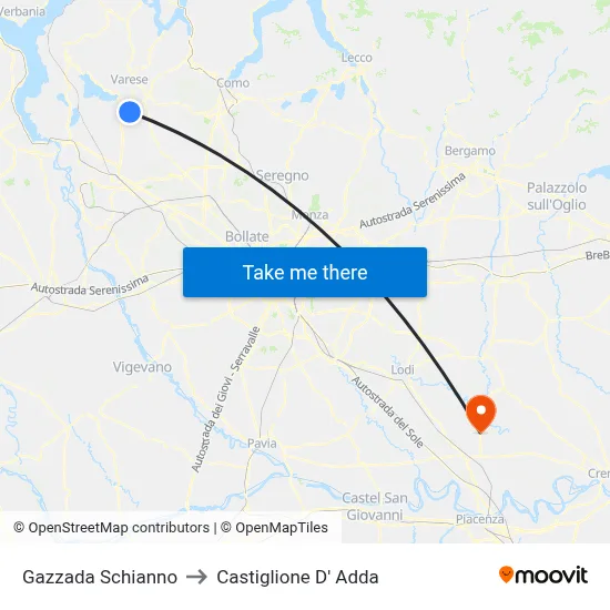 Gazzada Schianno to Castiglione D' Adda map