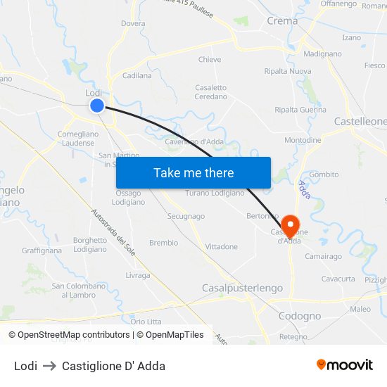 Lodi to Castiglione D' Adda map