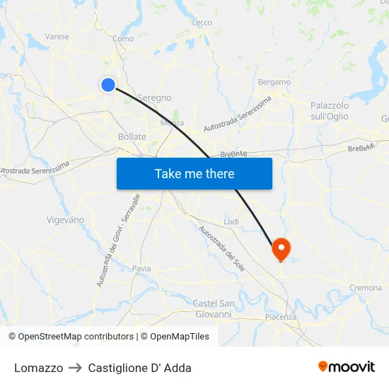 Lomazzo to Castiglione D' Adda map