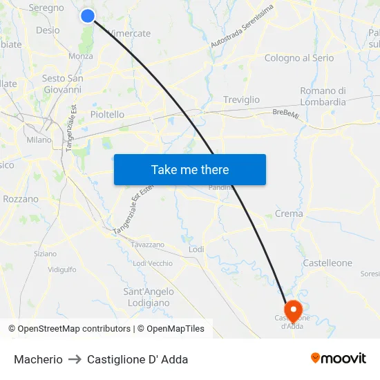 Macherio to Castiglione D' Adda map