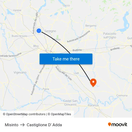 Misinto to Castiglione D' Adda map