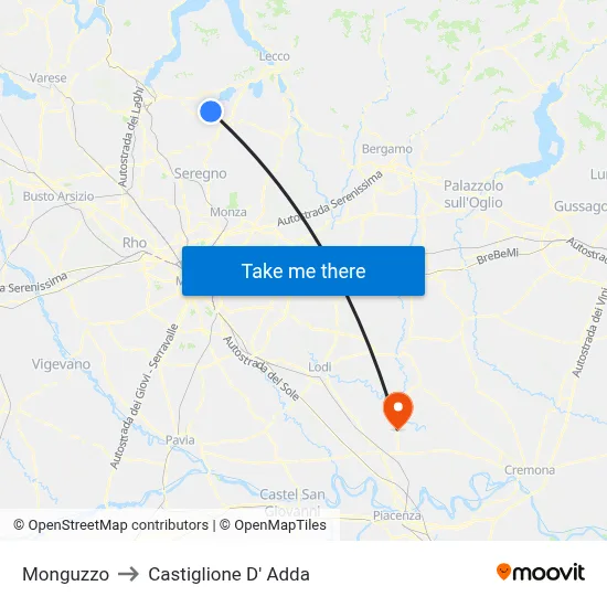 Monguzzo to Castiglione D' Adda map
