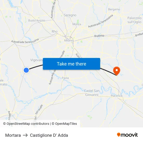 Mortara to Castiglione D' Adda map