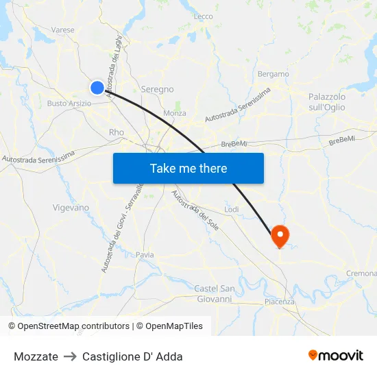 Mozzate to Castiglione D' Adda map
