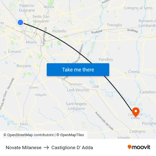 Novate Milanese to Castiglione D' Adda map
