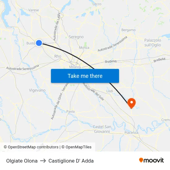 Olgiate Olona to Castiglione D' Adda map