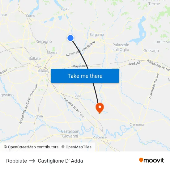 Robbiate to Castiglione D' Adda map