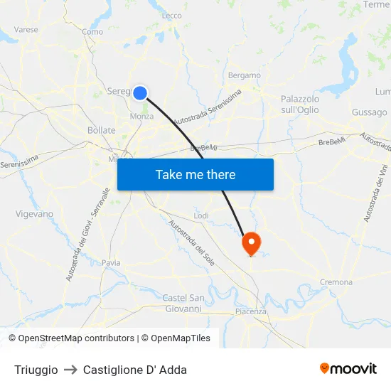Triuggio to Castiglione D' Adda map