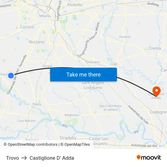 Trovo to Castiglione D' Adda map