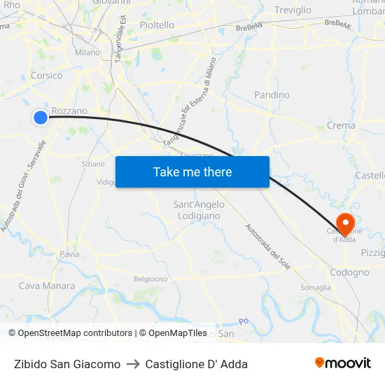 Zibido San Giacomo to Castiglione D' Adda map