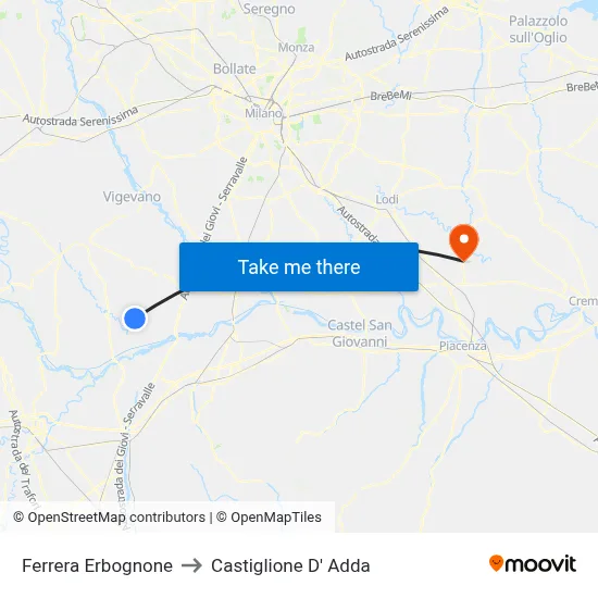 Ferrera Erbognone to Castiglione D' Adda map