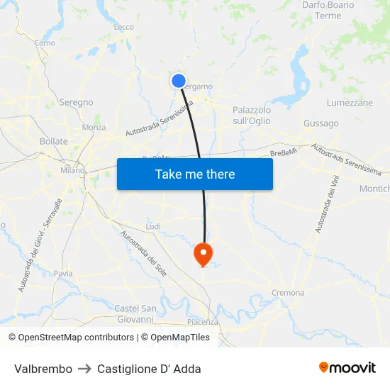Valbrembo to Castiglione D' Adda map