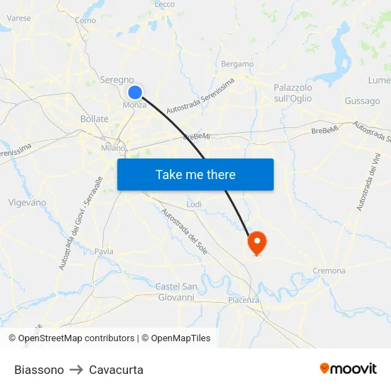 Biassono to Cavacurta map