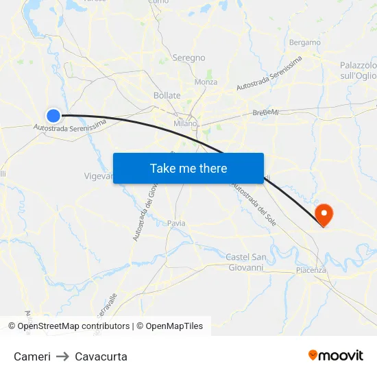 Cameri to Cavacurta map