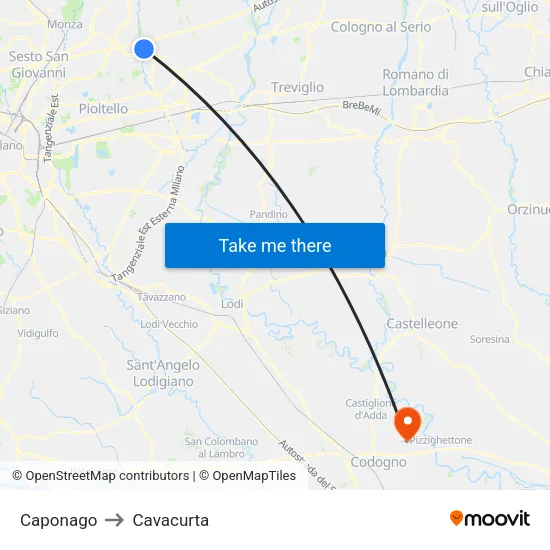 Caponago to Cavacurta map