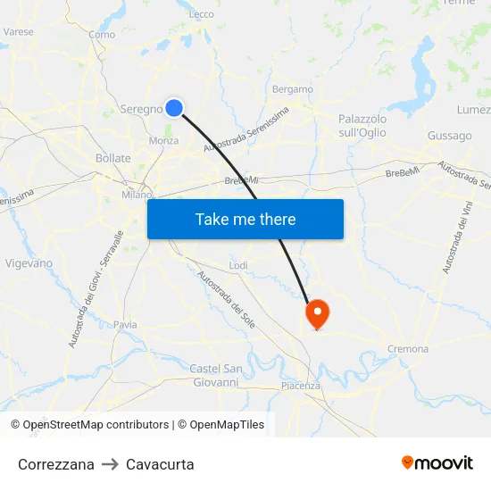 Correzzana to Cavacurta map