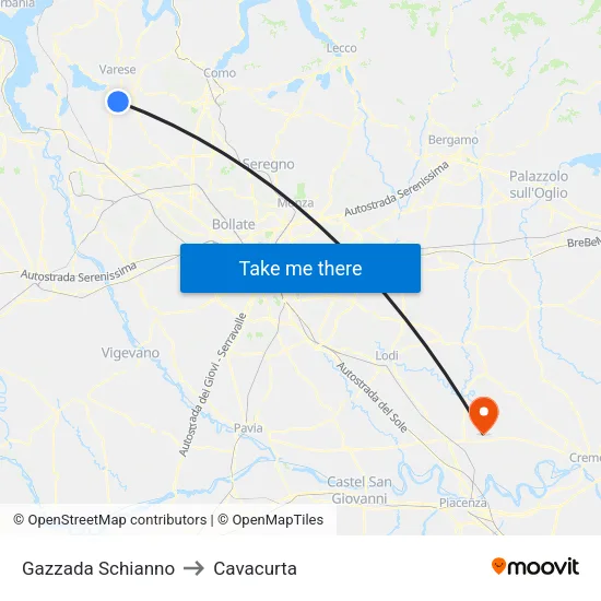 Gazzada Schianno to Cavacurta map
