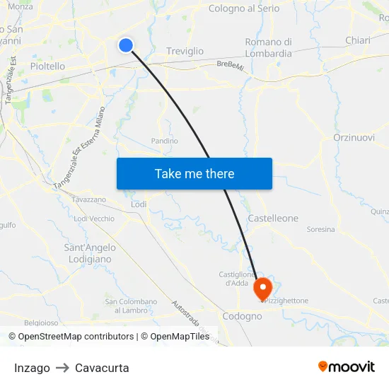 Inzago to Cavacurta map