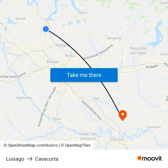 Luisago to Cavacurta map