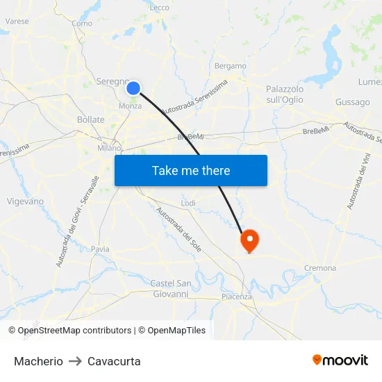 Macherio to Cavacurta map