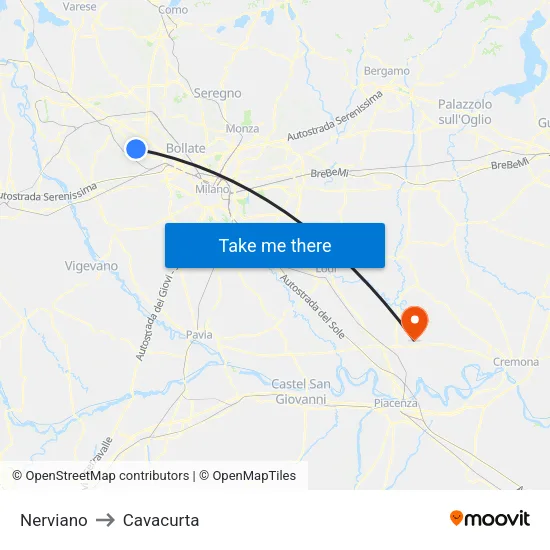 Nerviano to Cavacurta map