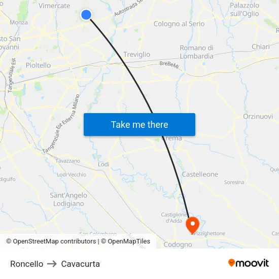 Roncello to Cavacurta map